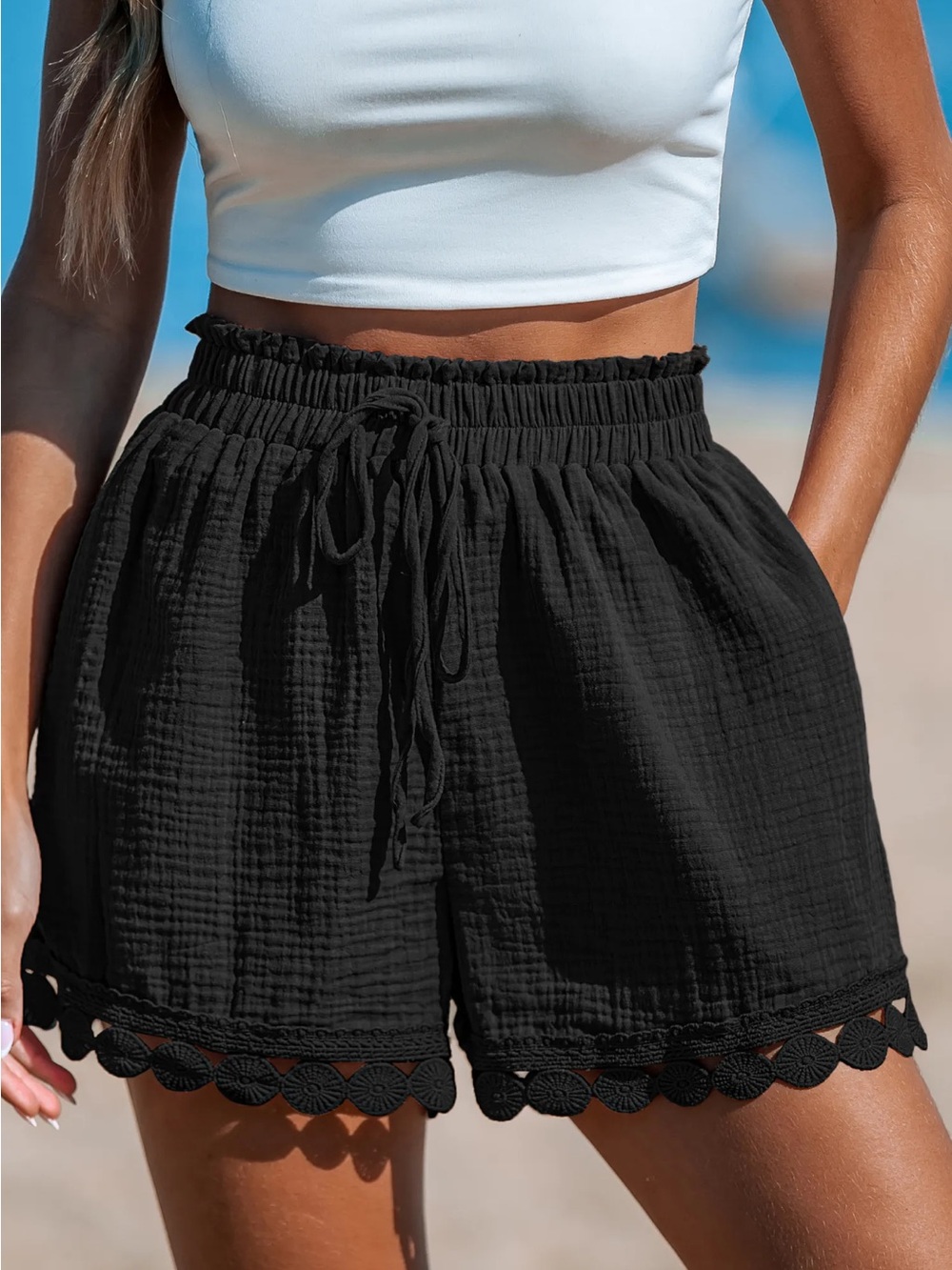 Cupshe Black High-Waist Drawstring Crochet Hem Shorts